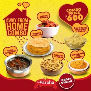 Home 8 SriVarahaFoods 6 in 1 Away from home combo TirunelveliIdlipodi Karasev Vathakuzhambumix Mangopickle TomatoPapad Paruppupodi