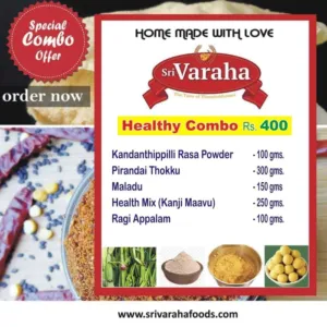 Home 13 SriVarahaFoods 5 in 1 Healthy Combo KandathippiliRasam Pirandai Thokku Maladu Healthmix Ragi Papad
