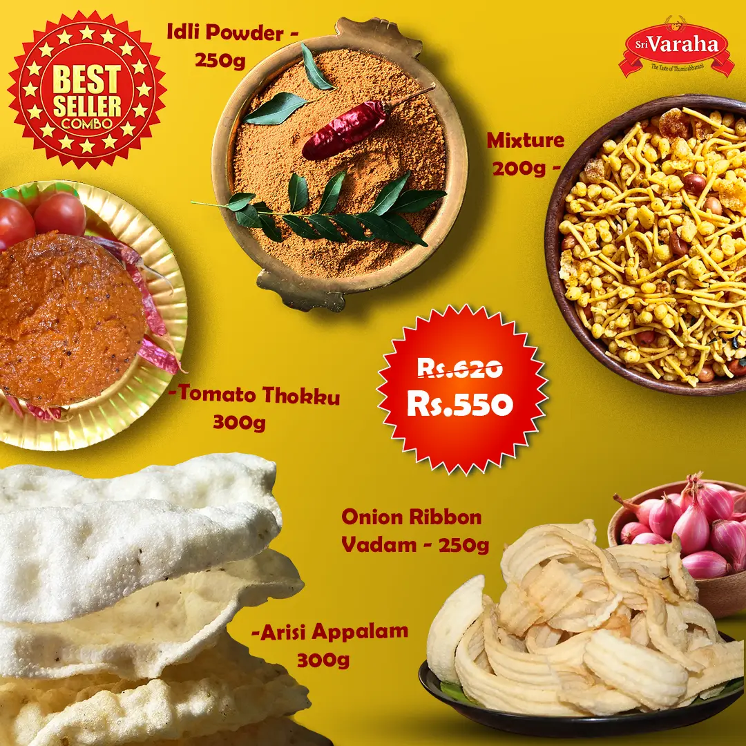 Best Seller Combo Arisi Appalam Idli Podi Onion Vadagam Tomato Thokku Tirunelveli Mixture Best Seller Combo Arisi Appalam Idli Podi Onion Vadagam Tomato Thokku Tirunelveli Mixture